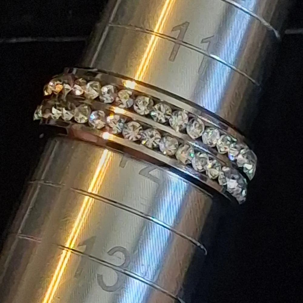 Silvertone Cigar Band Ring With Faux Diamonds Size 11 3/4